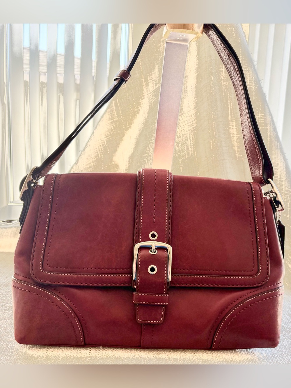 Coach Burgundy Leather Shoulder Bag with Silver Buckle & Official Coach Dustbag